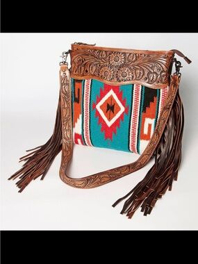 American Darling Turquoise Red Brown Aztec Fringe Crossbody Bag
